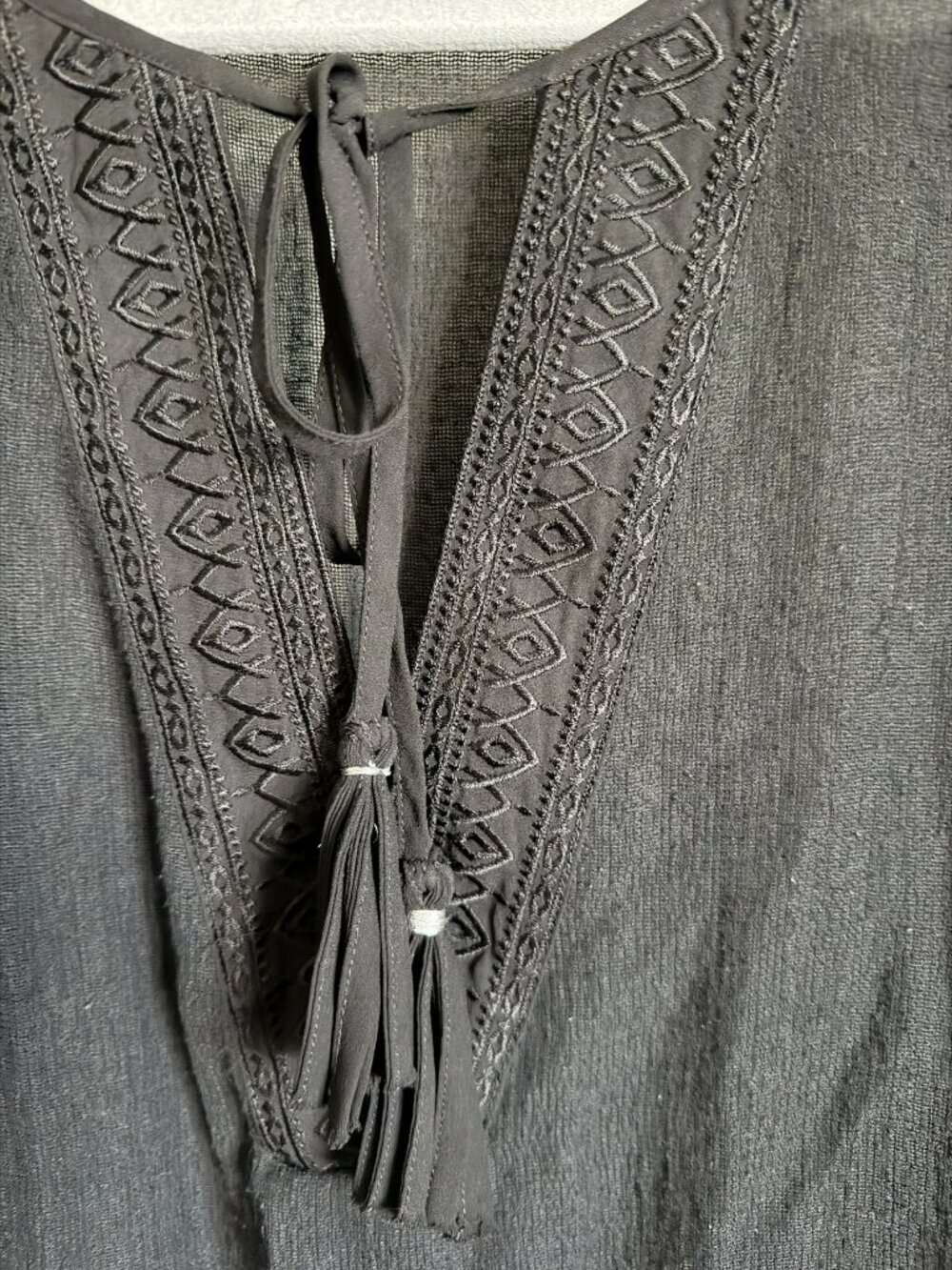 WHBM XS Black Embroidered Tassel Tie Peasant Blouse